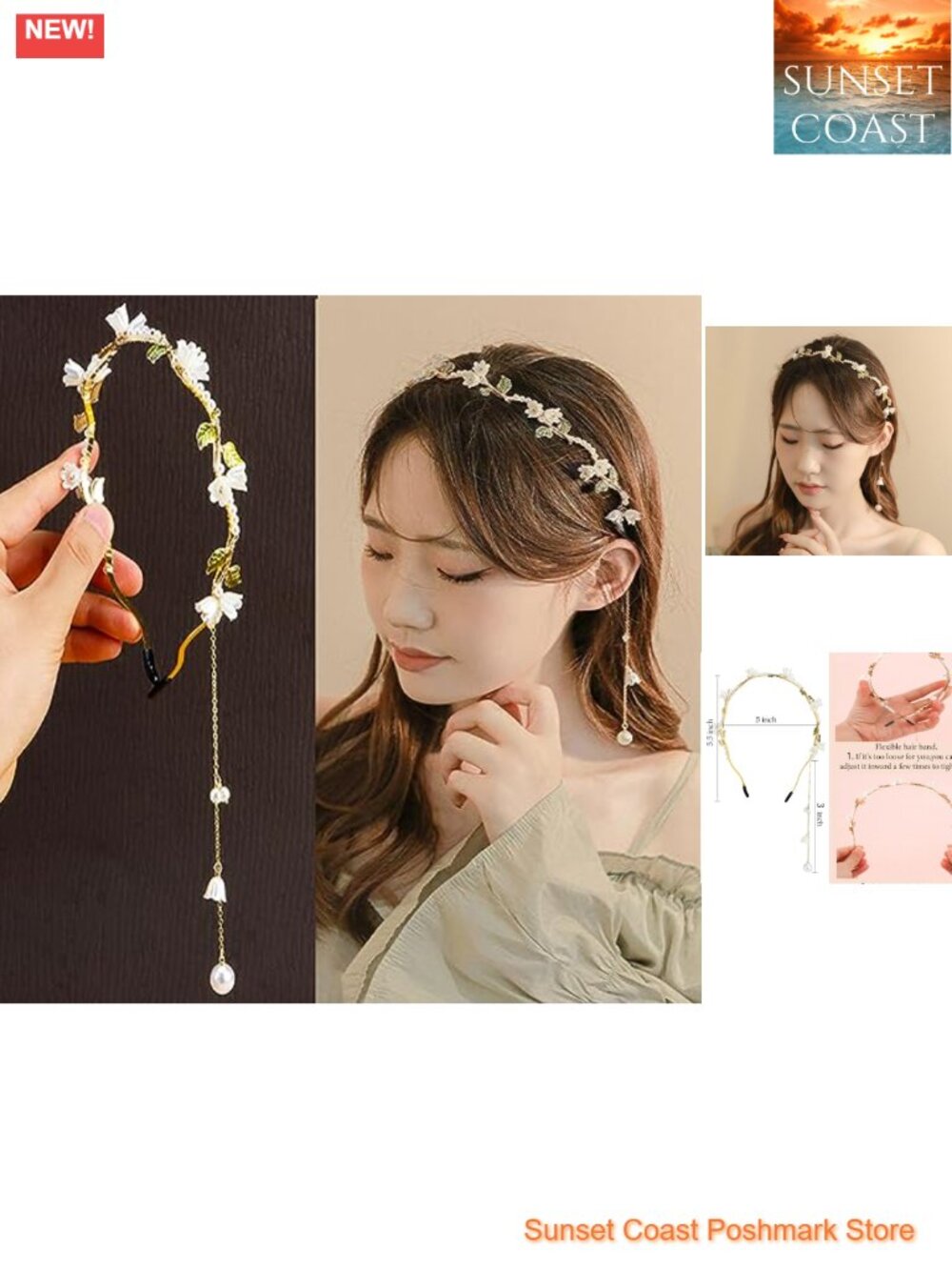 Gold Alloy Headband with Leaf Flower Pearl Tassels Renaissance Fairy Hair